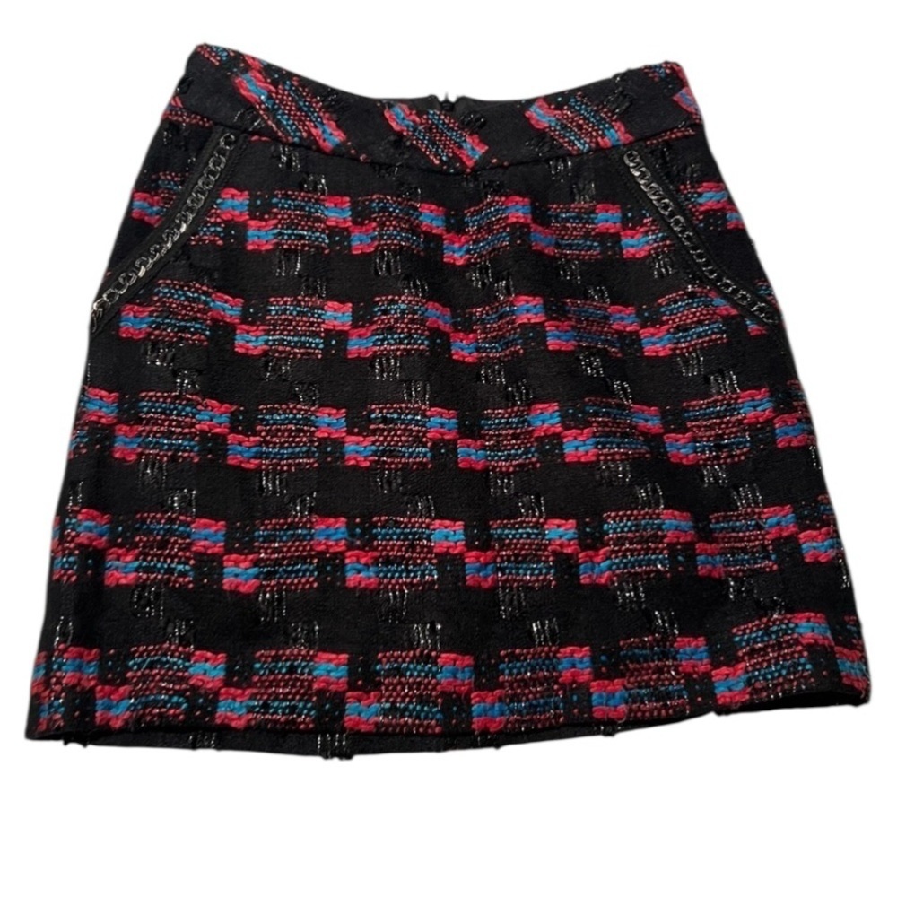 Trina Turk Women's Tweed Mini Skirt Chain Trim Black Red Blue Pockets A-Line